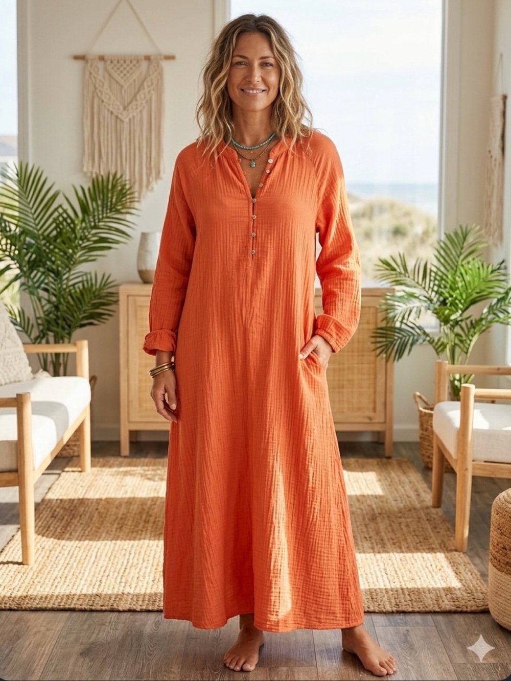 New XiRENA Orange Cotton Gauze Maxi Dress Henley Button Front Long Sleeve Med